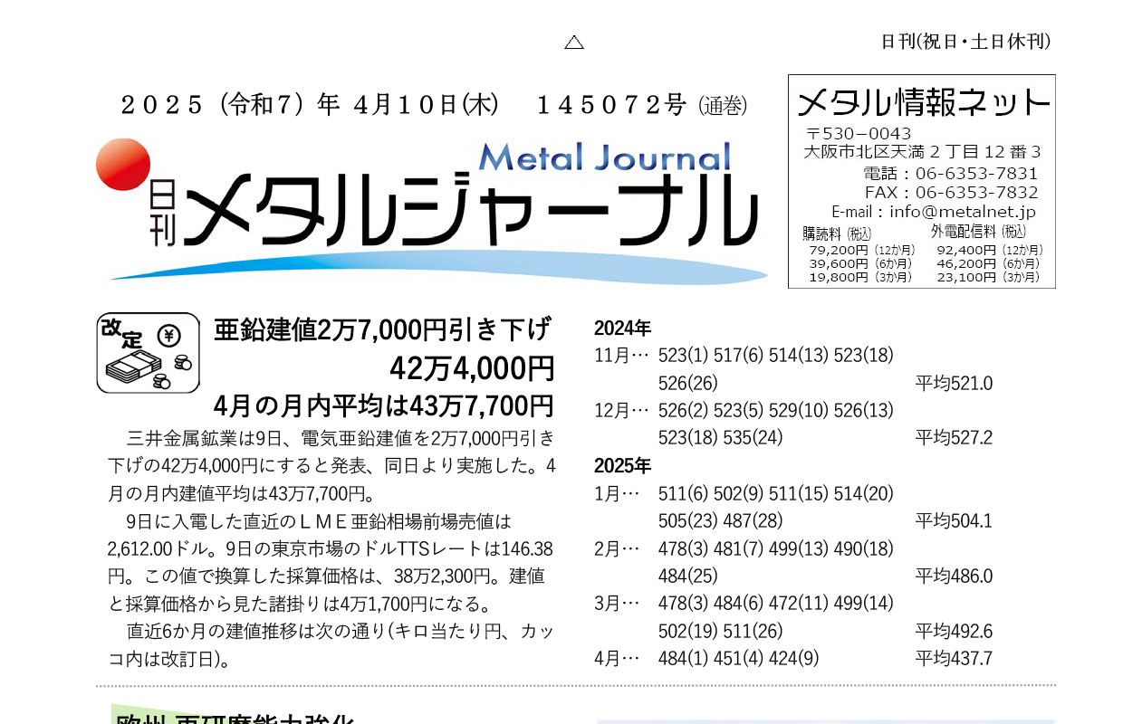 日刊メタルジャーナル4月10日号
