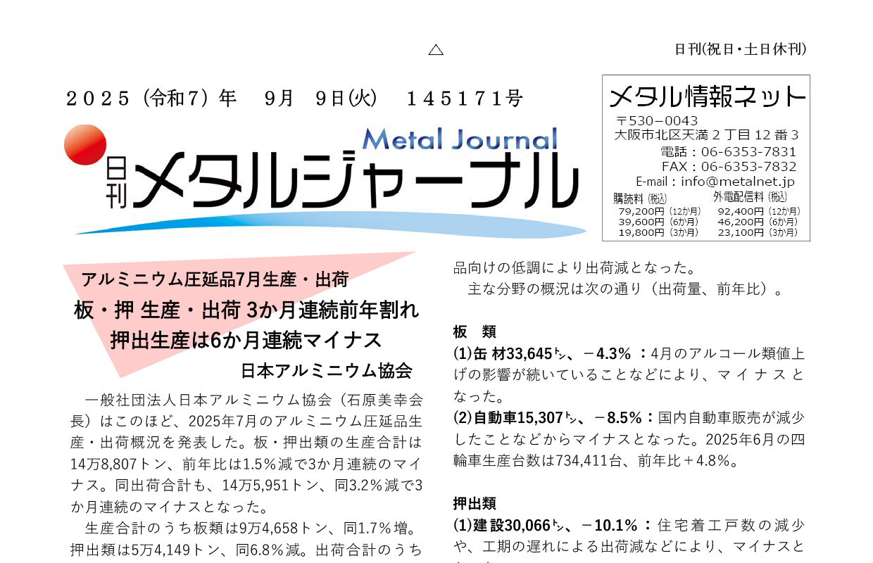 日刊メタルジャーナル9月9日号
