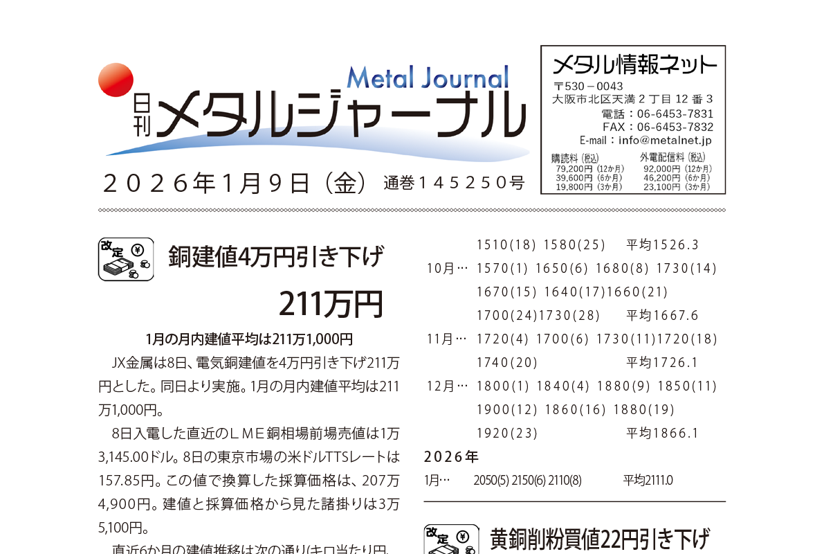日刊メタルジャーナル2026年1月9日号