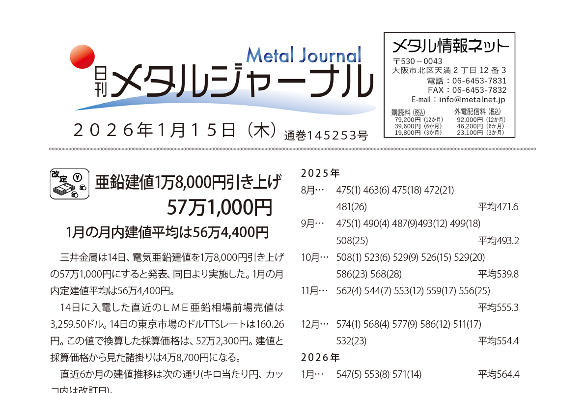 日刊メタルジャーナル2026年1月15日号