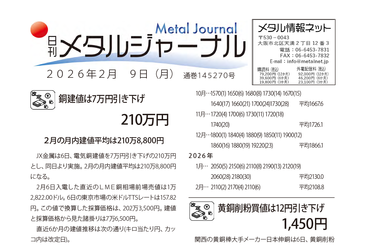 日刊メタルジャーナル2026年2月9日号