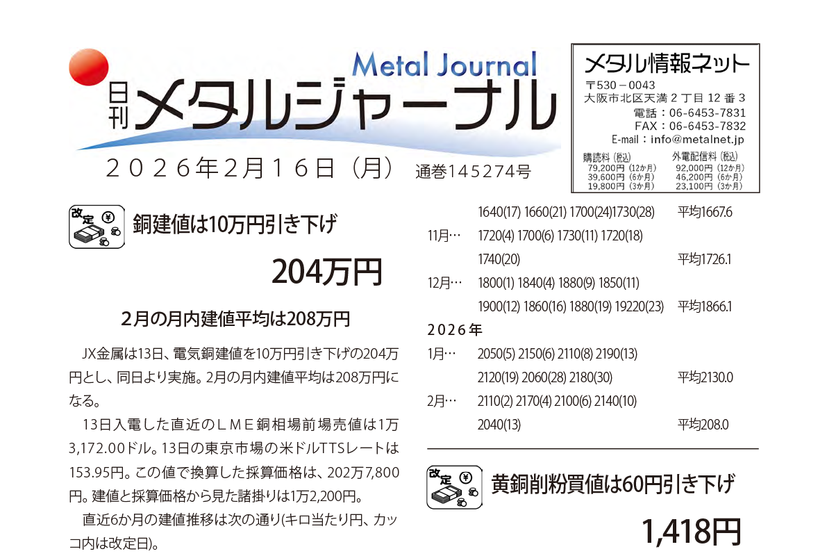 日刊メタルジャーナル2026年2月16日号