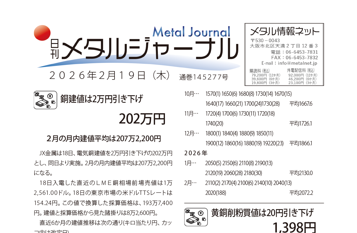 日刊メタルジャーナル2026年2月19日号